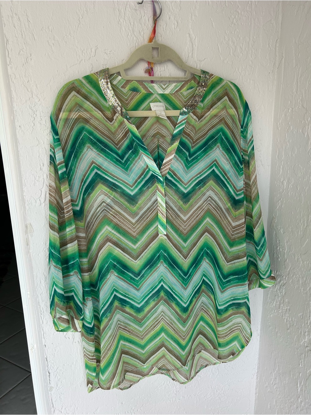 Chico’s sheer summer Green & gold Chevron V-Neck Tunic with Sequin Trim